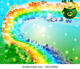 beautiful bright rainbow background shamrock and pot of gold