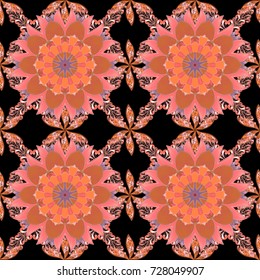Beautiful bright rough cloth, canvas. Golden curls, shiny tracery weave. Garland of flowers. Vector illustration. Vintage old background. Pattern, seamless, floral border.