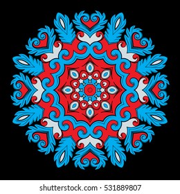 Beautiful bright round ornamental element for design in red and magenta blue colors. Vector illustration.