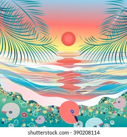 Hermosa playa vectorial de mar brillante puesta de sol marina