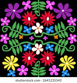 Beautiful and bright seamless pattern with abstract flowers and leaves on a black background. Perfect for any design project requiring a colorful, refreshing, and symmetrical floral motif