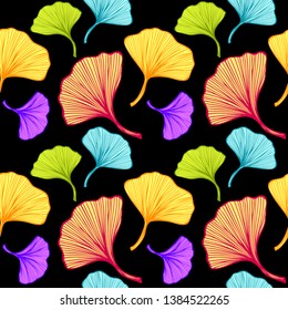 Beautiful bright Seamless pattern with colorful leaves on black background for wallpaper or for  textile  fashion drapery clothes or for decoration package or other things