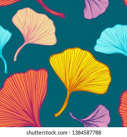Beautiful bright Seamless pattern with colorful leaves on marine blue background for wallpaper or for  textile  fashion drapery clothes or for decoration package or other things
