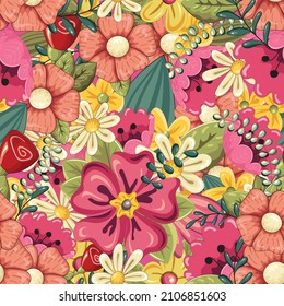 Beautiful, bright seamless pattern of different gorgeous flowers and twigs. For the design cards, banners, textiles, wallpaper. Vector illustration. Hand-Drawn.