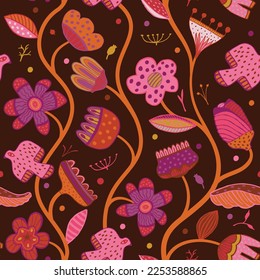 Beautiful, bright seamless pattern of different gorgeous flowers and twigs. For the design cards, banners, textiles, wallpaper. Vector illustration. Hand-Drawn.