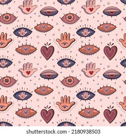 Beautiful, bright seamless pattern Palm, eye and heart. Textile, printing, printing house. Vector illustration.
