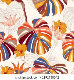 Bonito brilhante padrão sem costura floral tropical vetor. Selva exótica moderna e ilustração de plantas em design de estilo desenhado à mão para moda, tecido, papel de parede e todas as impressões em fundo branco