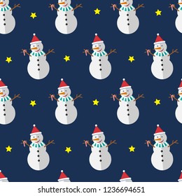 Beautiful bright seamless pattern. Vector snowman and stars.
