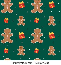 Beautiful bright seamless pattern. Vector small and big gingerbread man with gifts on a green background of falling snow.