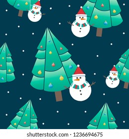Beautiful bright seamless pattern. Vector snowman under the tree. Winter illustration.