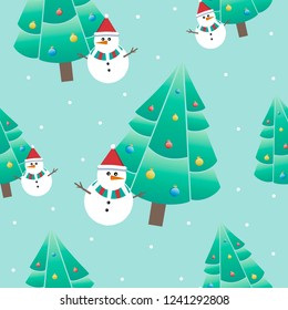 Beautiful bright seamless pattern. Vector snowman under the tree. Winter illustration.