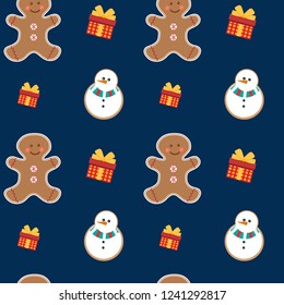 Beautiful bright seamless pattern. Vector little snowman with a gingerbread man and gifts on a blue background.