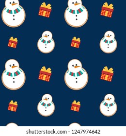 Beautiful bright seamless pattern. Vector little snowman with gifts on a blue background.