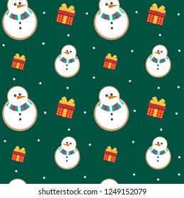 Beautiful bright seamless pattern. Vector little snowman with gifts and falling snow on a green background.