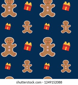 Beautiful bright seamless pattern. Vector small and big gingerbread man with gifts on a blue background.