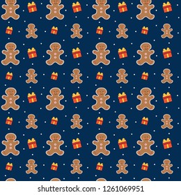 Beautiful bright seamless pattern. Vector small and big gingerbread man with gifts on a blue background of falling snow.