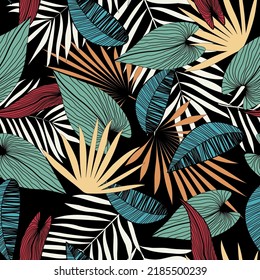 Beautiful bright seamless vector tropical leaves.