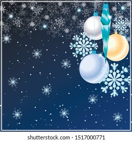 Beautiful, bright, snowy, Christmas card, which depicts different colors, delicate decorations, surrounded by shiny silver, patterned snowflakes
