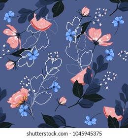 Beautiful  bright Summer blooming garden outline and hand painting flowers many kind of floral in seamless pattern vector illustration on stylish blue background