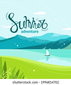 Beautiful bright summer landscape. Mountains and water. Blue sky with white clouds. Azure mirror water surface of lake river. White sailboat. Illustration for background, website, posters, postcards.