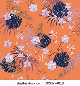 Beautiful  Bright summer Tropical with flowers palm leaves,Exotic  leaf seamless vector floral pattern  isolate on trendy orange background.