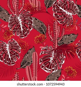 A Beautiful bright summer tropical monotone red pattern with exotic forest and cactus. Colorful stylish floral background print,Jungle flower with leaves.