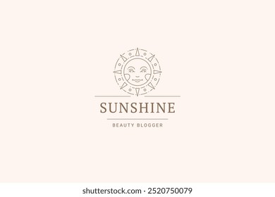 Beautiful bright sun character minimalist line art logo design template for spa vector illustration. Summer sunny mythology light beam linear logotype for cosmetology beautician plastic surgery clinic