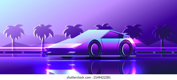 Beautiful Bright Supercar Driving Along A Beach Resort. Neon Night Cyberpunk Illustration Of Modern Racing Car.