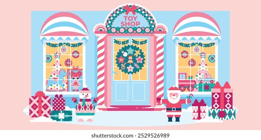 Beautiful bright toy store facade with Christmas decor. Festive shopwindow with children's doll, horse, train, car, Santa Claus, snowman, gifts. Xmas house exterior