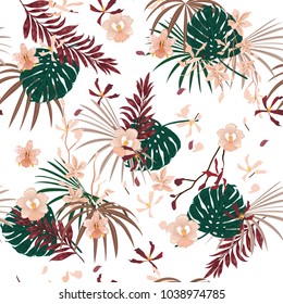 Beautiful Bright Tropical with flowers palm leaves,Exotic  leaf seamless vector floral pattern background isolate on white.