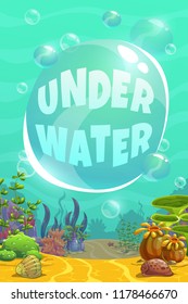 Beautiful bright unferwater background with cartoon sea weeds. Summer vector banner with place for text.