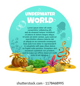 Beautiful bright unferwater background with cartoon sea weeds. Ocean bottom illustration. Vector banner with place for text.