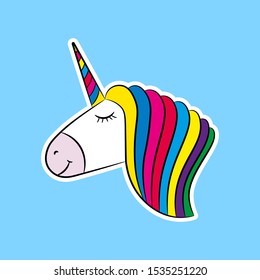 Beautiful bright unicorn icon. Side view. Vector flat graphic illustration. Isolated object on a blue background. Isolate.