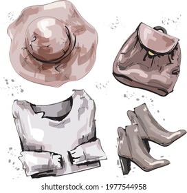 beautiful bright vector fashion illustration in watercolor style with fashion items