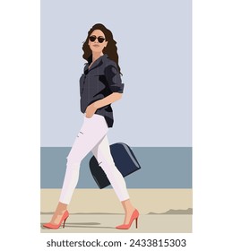 Beautiful bright vector illustration of a brunette girl model white jeans shirt red shoes bag sunglasses