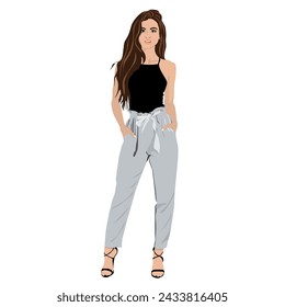 Beautiful bright vector illustration of a brunette girl model light trousers T-shirt shoes heels