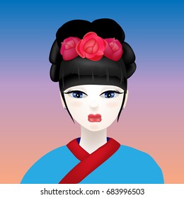Beautiful, bright vector illustration. Geisha with a white face and flowers in her hair