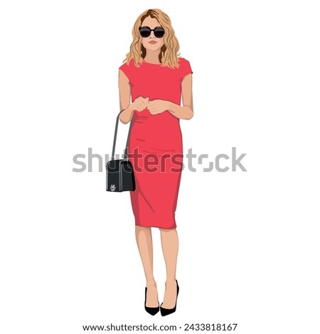 Beautiful bright vector illustration girl blonde model red dress black shoes 