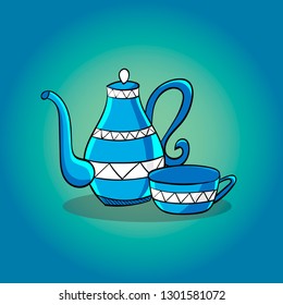 Beautiful bright vector illustration with a kettle and a cup