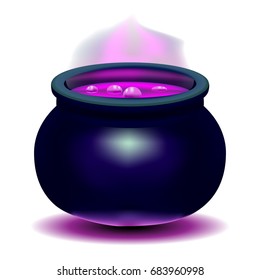 Beautiful, Bright Vector Illustration. Witches Pot With A Magical Pink Potion. Pan