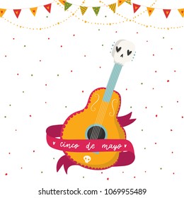 Beautiful bright vector illustrations with design for Mexican holiday 5 may Cinco De Mayo. The postcard with guitar, ribbon and lettering.