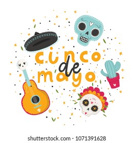 Beautiful bright vector illustrations with design for Mexican holiday 5 may Cinco De Mayo. The postcard with traditional Mexican symbols - sugar skulls, cactus, marigold flowers, guitar.