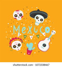 Beautiful bright vector illustrations with design for Mexican holiday 5 may Cinco De Mayo. The postcard with traditional Mexican symbols - sugar skulls, cactus, marigold flowers, guitar.