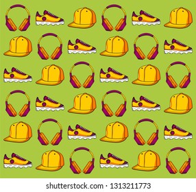 Beautiful bright yellow cap, sneakers, headphones icon on isolated background. Pattern hipster elements. Vector illustration. Hand-drawn. Flat design.