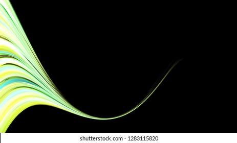 Beautiful bright yellow green abstract energetic magical cosmic fiery texture of lines and stripes, waves, flames with curves turning into infinity on a black background. Copy space. Vector.
