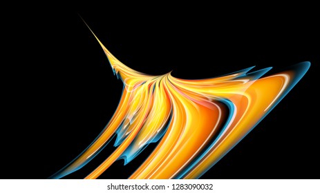 Beautiful bright yellow orange abstract energetic magical cosmic fiery texture, phoenix bird from lines and stripes, waves, flames with twists and turns on a black background. Copy space. Vector.