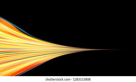 Beautiful bright yellow orange abstract energetic magical cosmic fiery texture of lines and stripes, waves, flames with twists turns turning into infinity on a black background. Copy space. Vector.