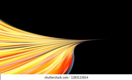 Beautiful bright yellow orange abstract energetic magical cosmic fiery texture of lines and stripes, waves, flames with twists turns turning into infinity on a black background. Copy space. Vector.