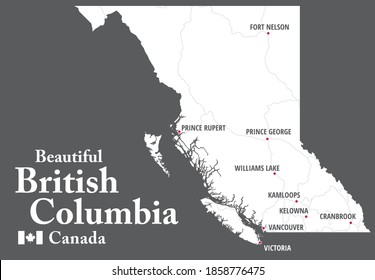 Beautiful British Columbia Map. Canada. White Shape Of BC Province With Highways And Tourist Destinations Marked. Touristic Guide. 