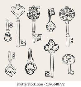 Beautiful bronze and gold decorative antique keys. Interior and decor. Vector isolated image.